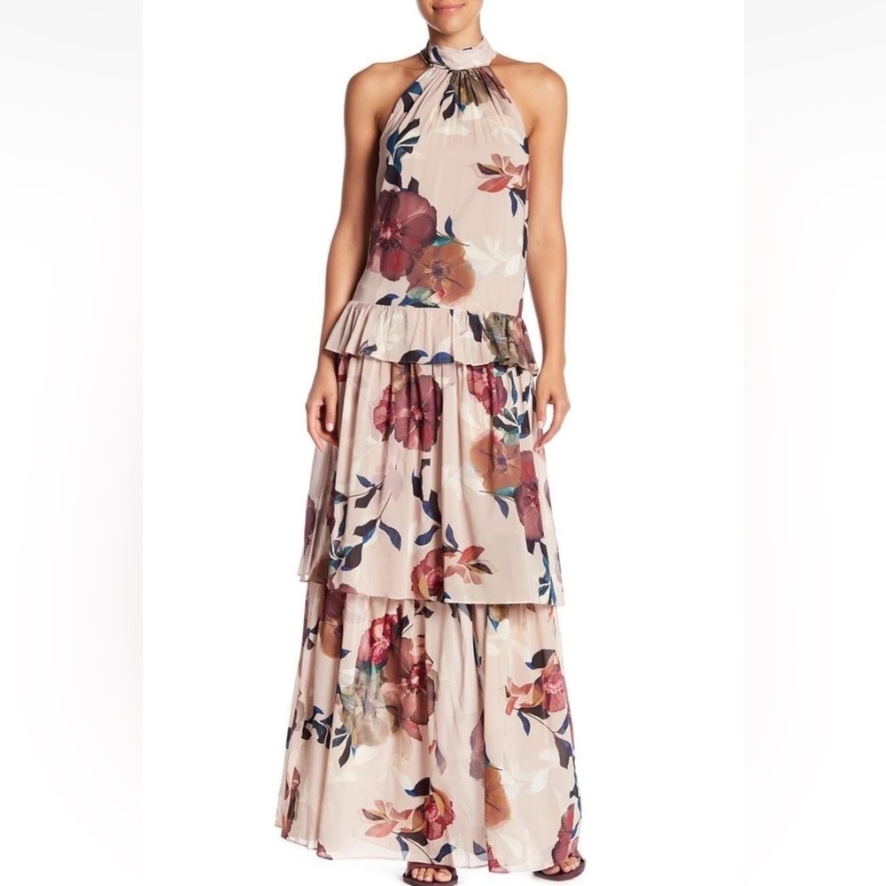 Trina Turk Khalo Blush Pink Floral Silk Tiered Maxi Dress Size Small Boho Classy
